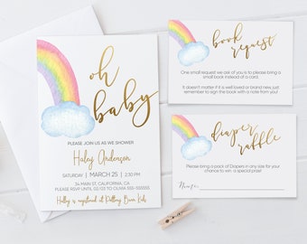 Watercolor Rainbow Baby Shower Invitation Bundle (Editable Template)