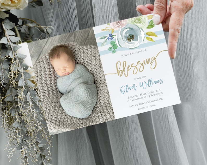 May include: A baby blessing invitation with a watercolor floral design in shades of blue and green. The invitation features a photo of a baby boy sleeping in a blue blanket. The text on the invitation reads "Please join us for the blessing of our son Oliver Williams Saturday, March 25th, 2022 at two o'clock in the afternoon 54 Main Street, California, CA Lunch to follow"