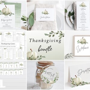 Thanksgiving Bundle Dinner Invitation, Printable Editable Template Corjl, Menu, place card, Fall White Pumpkin Greenery Foliage, OLM2