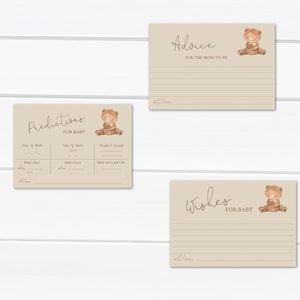 May include: Three printable cards with a brown bear illustration. The cards are beige with brown lines and text. The text on the cards reads "Predictions for Baby", "Advice for the Mom-to-Be", and "Wishes for Baby".