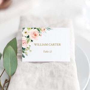 Bruiloft plaatskaart, afdrukbare bewerkbare sjabloon, Scot Cards, stoffige Blush Floral goud, rustieke bloemen, LDS bruiloft, DBB04