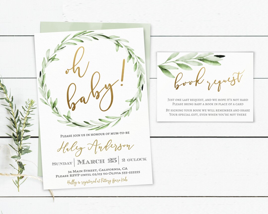 Greenery Oh Baby Shower Invitation Set Printable, Book Request, Baby ...