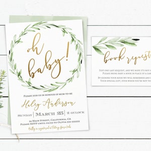 Greenery Oh Baby Shower Invitation Set Printable, Book Request, Baby ...