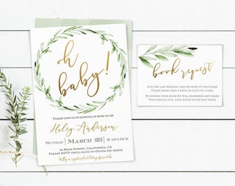 Greenery Oh Baby Shower Invitation Set Printable, Book Request, Baby Bundle, Greenery Olive Gold, Editable Template Corjl, GOG8