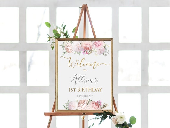 Birthday Welcome Sign, Printable, Editable Corjl Template, Romantic Blush Floral, Gold Calligraphy