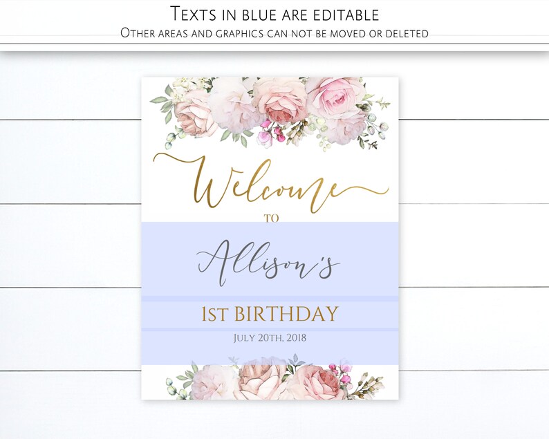 Editable Template Gold Calligraphy Romantic Blush Floral Birthday Welcome Sign Printable