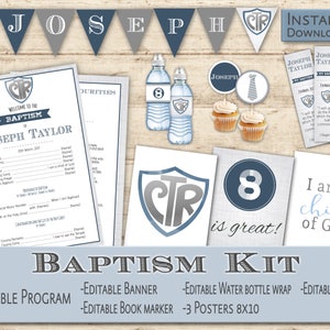 Könnte beinhalten: Ein Taufset in blau-grauer Farbgebung. Das Set beinhaltet ein Programm, ein Banner, eine Wasserflaschenhülle, Topper, einen Lesezeichen und drei Poster. Das Programm enthält den Text "Willkommen zur Taufe von Joseph Taylor". Die Poster enthalten den Text "Ich bin ein Kind Gottes" und "8 ist großartig!"