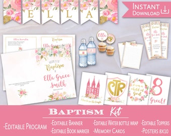 LDS Baptism Program Set Girl Baptism Program Editable Baptism Program Girl Favor tag Water Bottle Floral Pink Blush Gold Baptism decor