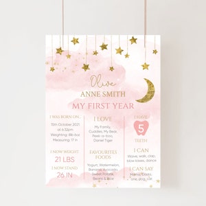 Twinkle Star 1st Birthday Milestone Sign: Pink Purple Gold (Digital Download)