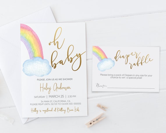 Watercolor Rainbow Baby Shower Invitation & Diaper Raffle (Editable Template)