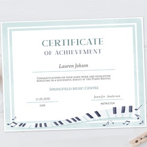 Certificate of Achievement Music Recital Recognition Award Editable Template Piano Music Notes Music Printable Music School