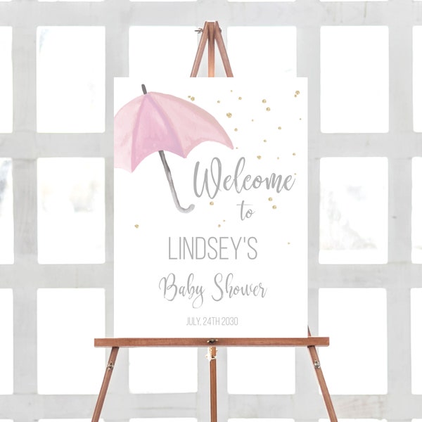 Baby Shower Welcome Sign, Editable Template Corjl, Pink Watercolor Umbrella, gold rain drops, Girl Baby Shower, Instant Download, Printable