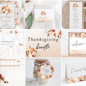 Thanksgiving Bundle Dinner Invitation, Printable Editable Template Corjl, Menu, place card, Pumpkin Fall Autumn Rich floral, FR12