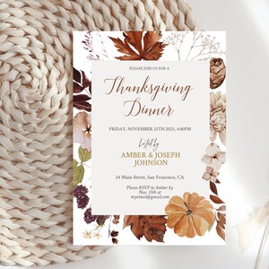 Thanksgiving Dinner Invitation, Printable, Template, Rustic Foliage Leaves, Fall Floral, Instant download, RL1
