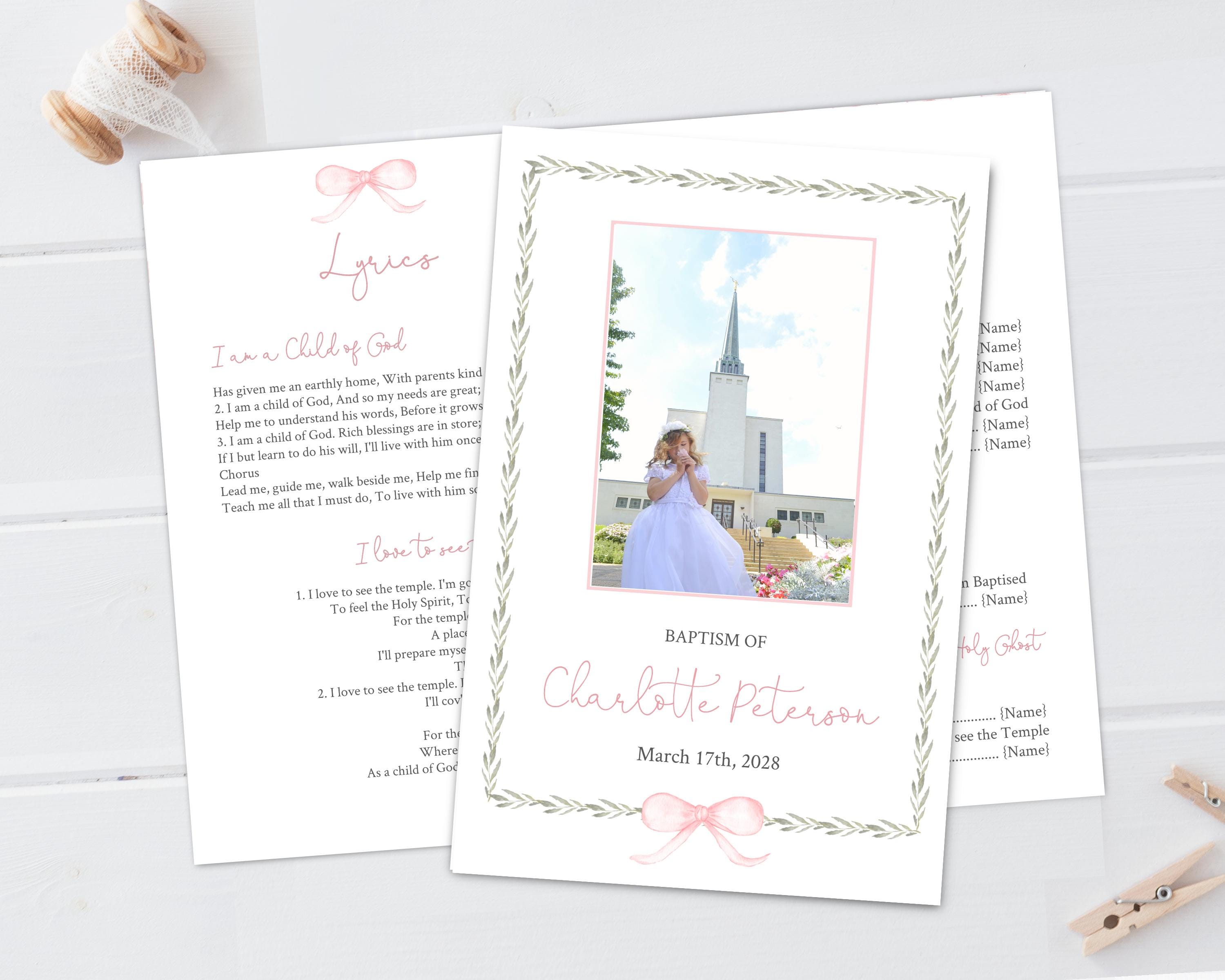 LDS Baptism Program Pink Bow Printable Girl baptism Program watercolour blush bow and greenery Editable Template Vintage Romantic