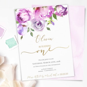One First Birthday Invitation Girl Birthday Invite 1st birthday girl invitation printable invitation Lilac lavender gold floral romantic