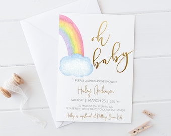 Zaproszenie na Baby Shower Rainbow, Zaproszenie do druku, Zaproszenie Oh Baby, Rainbow Baby Gold, Szablon do edycji, Corjl