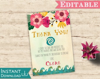 Moana Thank you Card Editable Tropical Birthday Party Editable PDF Template Digital Print Printable Instant Download Moana Birthday Party