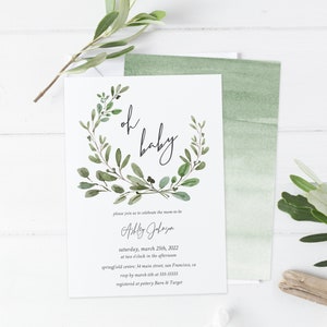 Greenery Baby Shower Invitation, Oh Baby invite, Printable, Editable Template Corjl, Neutral Baby Shower, Olive Foliage Minimalist, OLM3