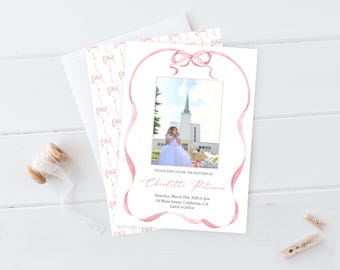 Uitnodiging voor doopsel met roze strik: blozen aquarel, bewerkbare sjabloon (digitale download)