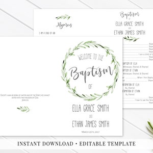 Baptism Program, LDS Printable, Editable Template, Neutral Baptism Program, Program for 2 children, Foliage Olive Wreath Greenery, GOB