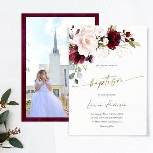 May include: A white invitation with burgundy and pink floral accents and gold calligraphy. The text reads "Please join us for the baptism of our daughter Lauren Andersen. Saturday, March 25th, 2022 at Two o'clock in the afternoon. 34 Main Street, California, CA. Lunch to follow."