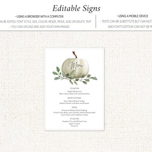 May include: A white pumpkin with green leaves and a handwritten "Menu" sign. The menu lists a starter, main course, sides, and dessert options for a Thanksgiving meal.