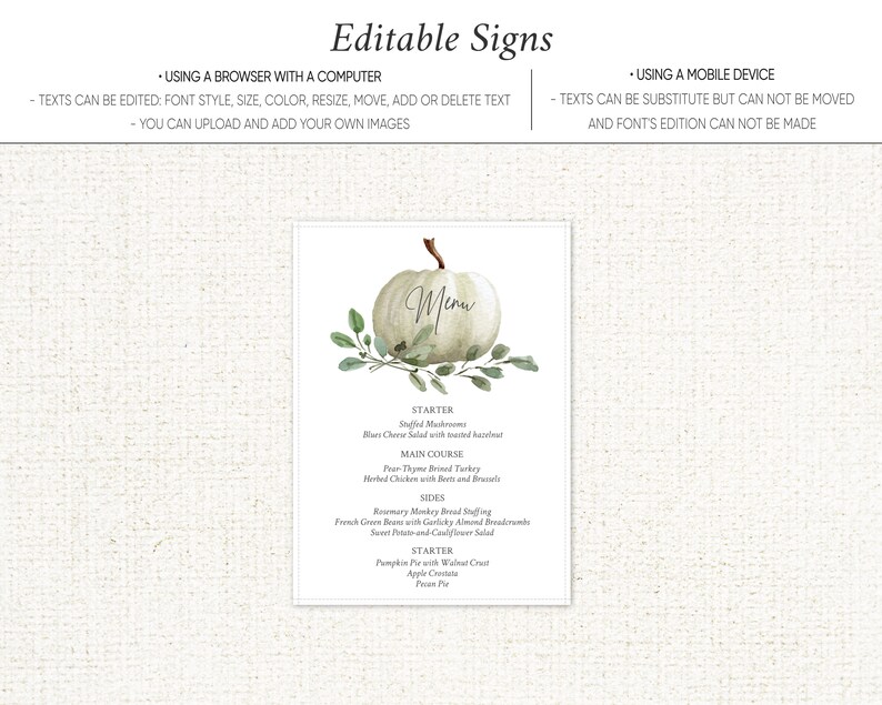 May include: A white pumpkin with green leaves and a handwritten "Menu" sign. The menu lists a starter, main course, sides, and dessert options for a Thanksgiving meal.