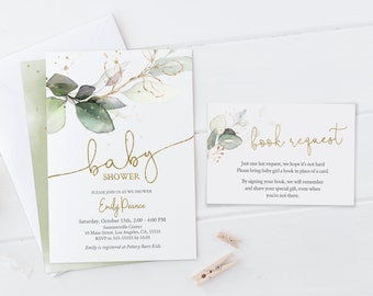 May include: A baby shower invitation featuring a watercolour design of green leaves and gold accents. The invitation includes the text "baby shower" and the name "Emily Pearce". The invitation also includes the date, time, and location of the shower. A separate card requests guests to bring a book instead of a card for the baby.
