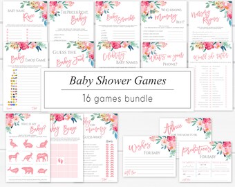 Può includere: Un set di 16 giochi di baby shower stampabili con motivi floreali rosa. I giochi includono "Baby Name Race", "The Price is Right, Baby", "Baby Scramble", "Who Knows Mommy Best?", "Nursery Rhymes", "Baby Emoji Game", "Guess the Baby Food", "Celebrity Baby Names", "What's in Your Phone?", "Would She Rather", "Who is My Baby?", "Baby Bingo", "Daddy or Mommy Guess Who?", "Advice for the Mom-to-Be", "Wishes for Baby", and "Predictions for Baby".
