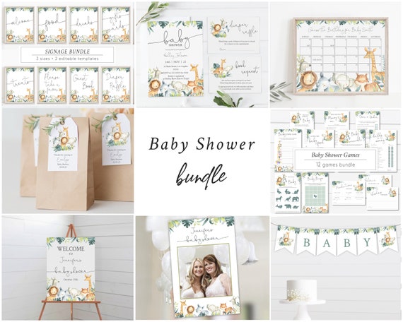 Safari Animals Baby Shower Bundle, Baby Shower decor, Invitation Set, Welcome, Games, Forest Jungle Animals, Editable Template Corjl, SA14