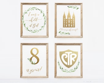 LDS Digital Print, Set of 4: I am a child of God, Temple, 8 is great, CTR, Greenery Olive Leaves & Gold, Printable, Girl Wall Decor