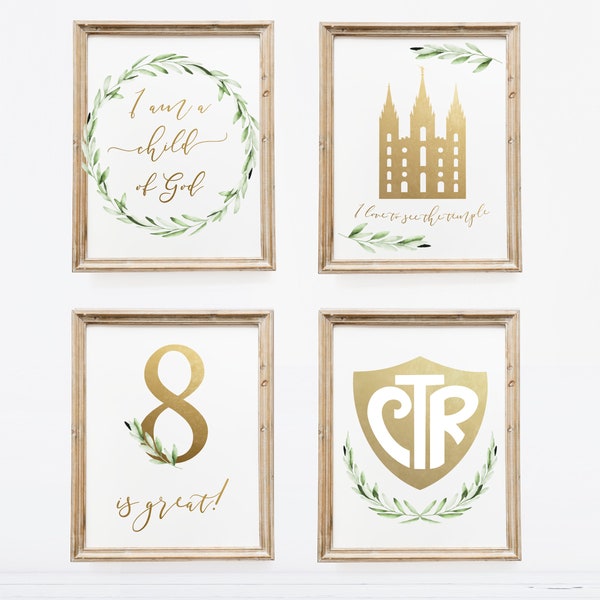 LDS Digital Print, Set of 4: I am a child of God, Temple, 8 is great, CTR, Greenery Olive Leaves & Gold, Printable, Girl Wall Decor