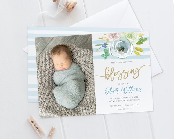 Baby Blessing Boy Invitation, Printable, Editable Template, Blue Watercolor Floral Gold, BGG9
