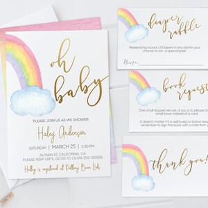 Rainbow Baby Shower Uitnodiging Afdrukbare bundel Kit Set Bedankkaart Boekaanvraag Luierloterij Invoegwagen Bewerkbare sjabloon Corjl