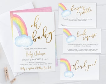 Rainbow Baby Shower Invitation Bundle: Thank You Card, Book Request (Editable Template)
