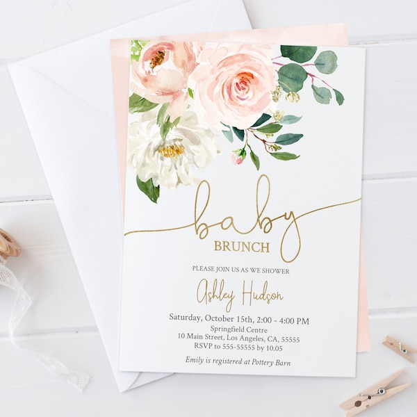 Blush Baby Brunch Invitation Baby Shower Invitation Girl Dusty Blush Floral Gold Editable Template Corjl DBB04