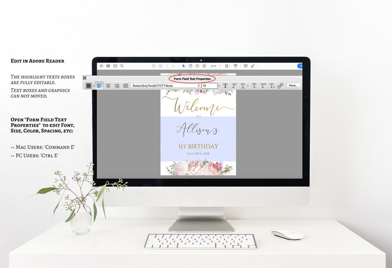 Editable Template Gold Calligraphy Romantic Blush Floral Birthday Welcome Sign Printable