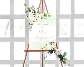 Doopsel welkom teken meisje welkom poster bewerkbare sjabloon witte crème goud bloemen groen CG4