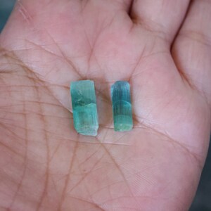 May include: Two green aquamarine crystals, one slightly larger than the other, are shown in a hand. The crystals are translucent and have a light green color.