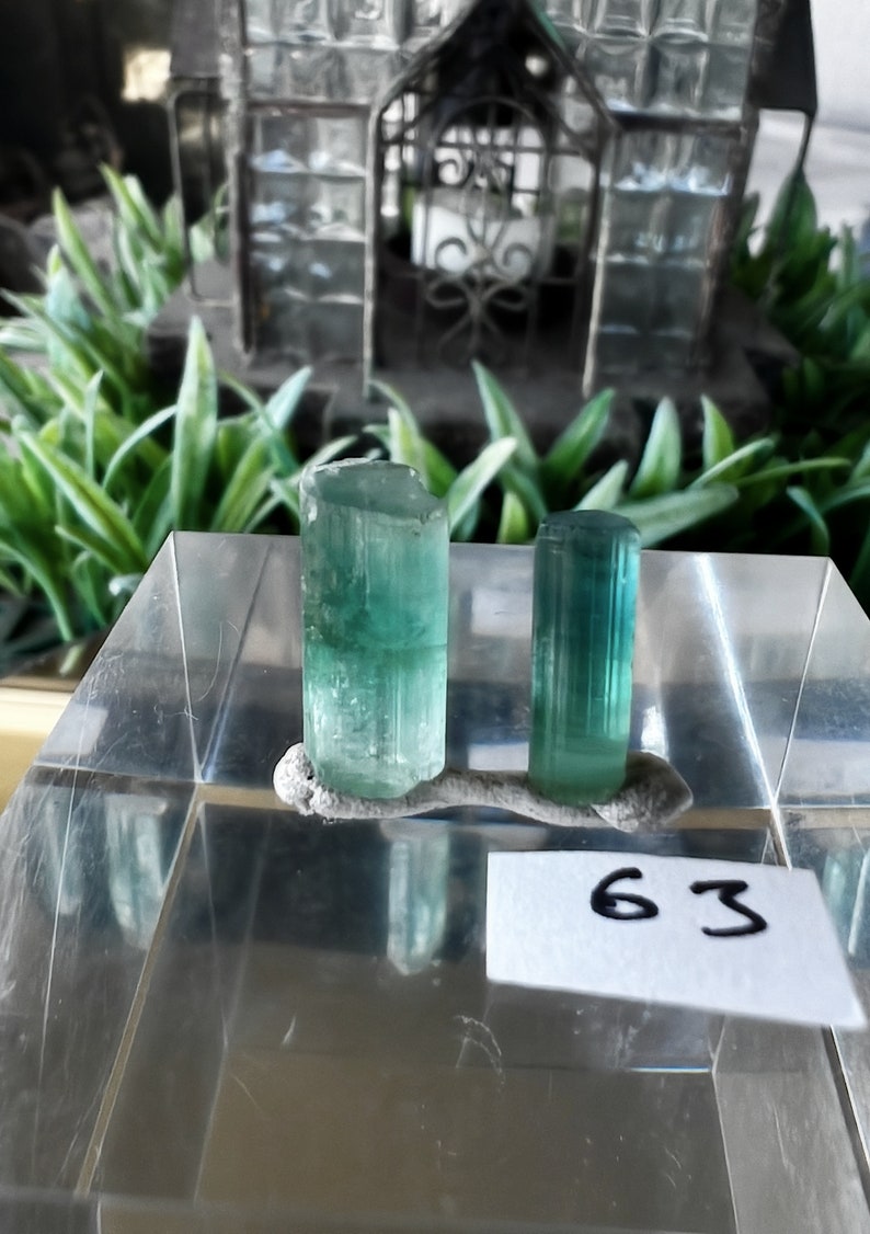 May include: Two green crystals on a white display stand with a white label that says "63".