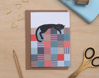 Sleeping Cat Greetings Card - Geometric Cat Card - Cat Gift - Patchwork Quilt Card - Friend Card - Cat Lover - Cat Greeting Card