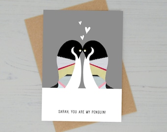 Personalised Penguins in Love Card-Anniversary Card- Personalised Card-Penguin-Lucy Alice Designs-valentines Day Card-Personalised card UK