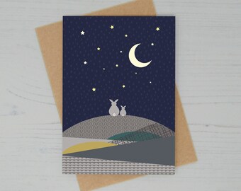 Bunnies under the Moon Greetings Card - Rabbit Card - Blank Card - Moon card -Bunny Lover Gift - Lucy Alice Designs