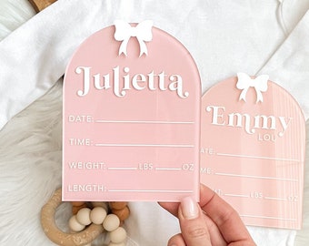 Bow Birth Stat Sign for Baby, Baby Birth Announcement, Acrylic Birth Stat Sign, Baby Name Announcement Sign, Birth Stats Announcement Sign