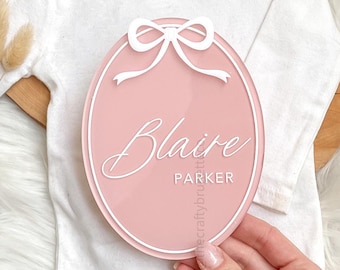 Bow Baby Name Plaque, Boho Baby Birth Announcement, Acrylic Name Plaque, Name Reveal Plaque, Baby Name Announcement, Birth Announcement