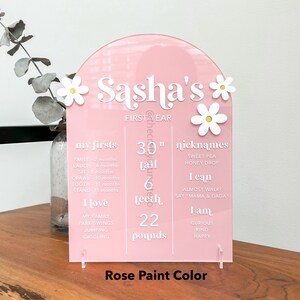K&ouml;nnte beinhalten: Ein rosafarbenes Meilensteinschild aus Acryl mit wei&szlig;em Text und G&auml;nsebl&uuml;mchen-Akzenten. Das Schild enth&auml;lt den Namen "Sasha's", Ma&szlig;e von 76 cm H&ouml;he und 10 kg und weitere Details &uuml;ber das erste Jahr des Kindes. Der Text "Rose Paint Color" steht unten.