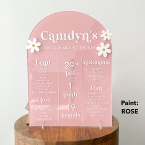 K&ouml;nnte beinhalten: Ein rosa Meilenstein-Schild aus Acryl mit wei&szlig;em Text und G&auml;nsebl&uuml;mchen-Akzenten. Das Schild enth&auml;lt den Namen "Camdyn's" und Details wie Gr&ouml;&szlig;e (73,66 cm), Gewicht (8,62 kg) und Spitznamen. Es listet auch Dinge auf, die das Kind kann und liebt.