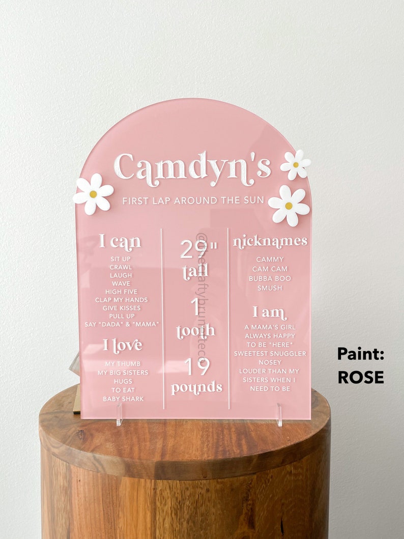 K&ouml;nnte beinhalten: Ein rosa Meilenstein-Schild aus Acryl mit wei&szlig;em Text und G&auml;nsebl&uuml;mchen-Akzenten. Das Schild enth&auml;lt den Namen "Camdyn's" und Details wie Gr&ouml;&szlig;e (73,66 cm), Gewicht (8,62 kg) und Spitznamen. Es listet auch Dinge auf, die das Kind kann und liebt.