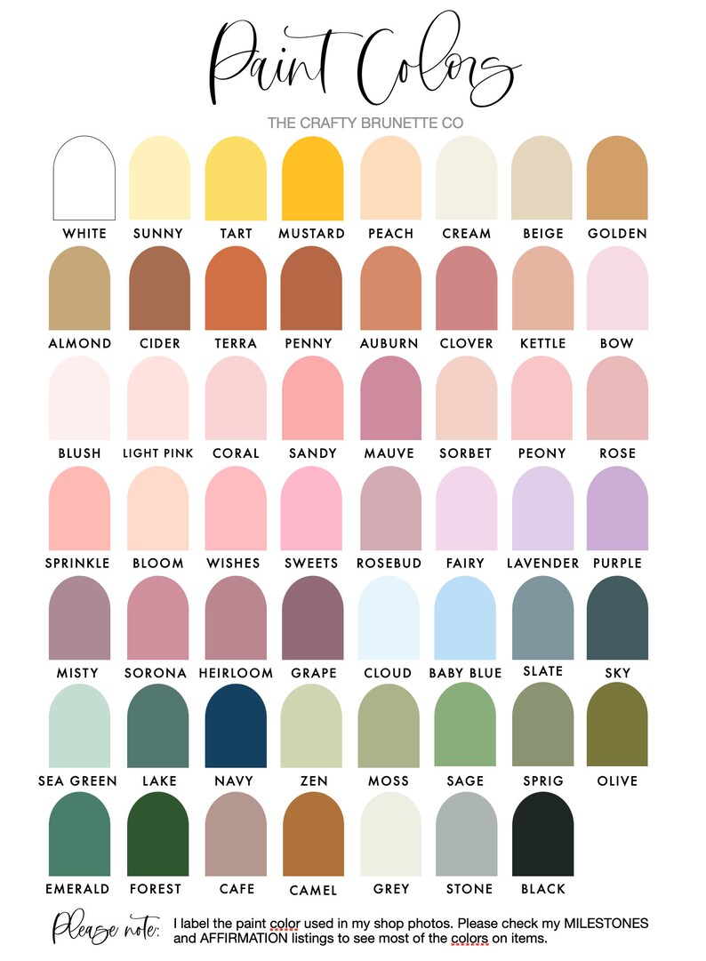 K&ouml;nnte beinhalten: Eine Farbkarte mit dem Titel "Paint Colors" von The Crafty Brunette Co. zeigt ein Raster von 48 Farbfeldern in verschiedenen Farbt&ouml;nen, darunter Wei&szlig;, Gelb, Rosa, Lila, Blau, Gr&uuml;n, Braun und Grau. Jede Farbe ist beschriftet.
